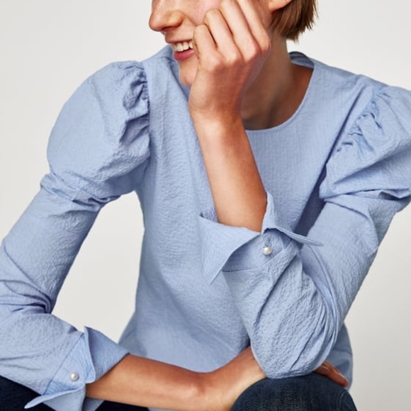 Zara Tops - New Zara Blue Puff Sleeve Blouse Top Shirt S